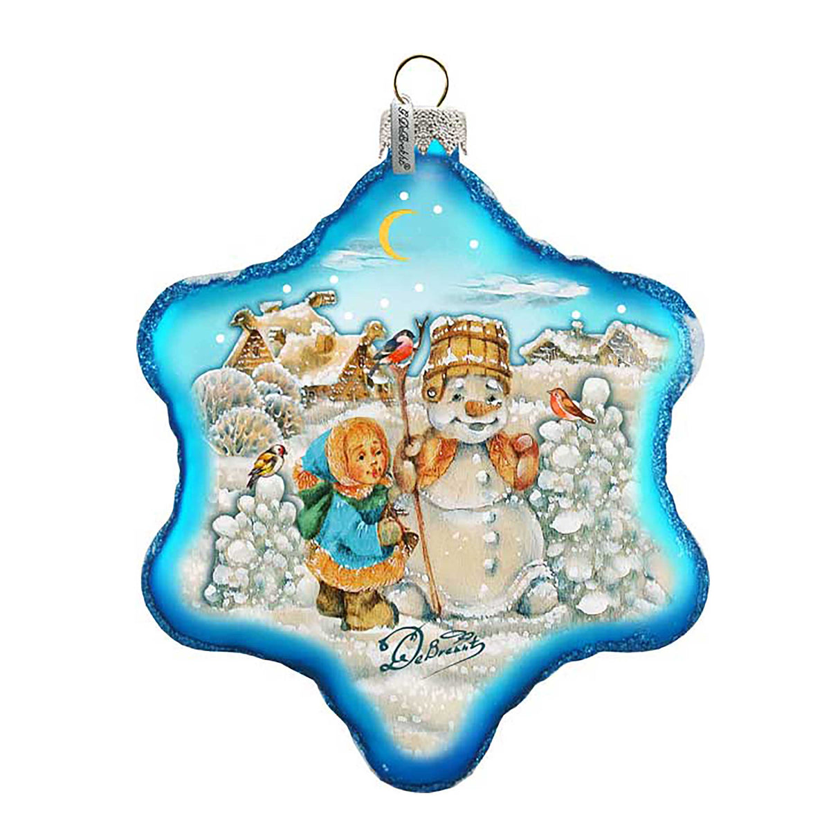 Adorno de vidrio con forma de copo de nieve para construir un muñeco de nieve por G. DeBrekht - Decoración navideña de Papá Noel - 754-005