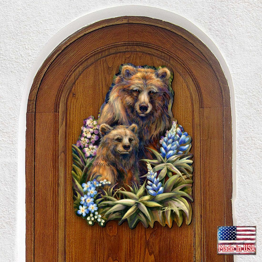 Grin & Bear it - Arte mural de madre y cachorro oso grizzly de J. Bergsma - Decoración navideña de vida silvestre - 8591947W-JB