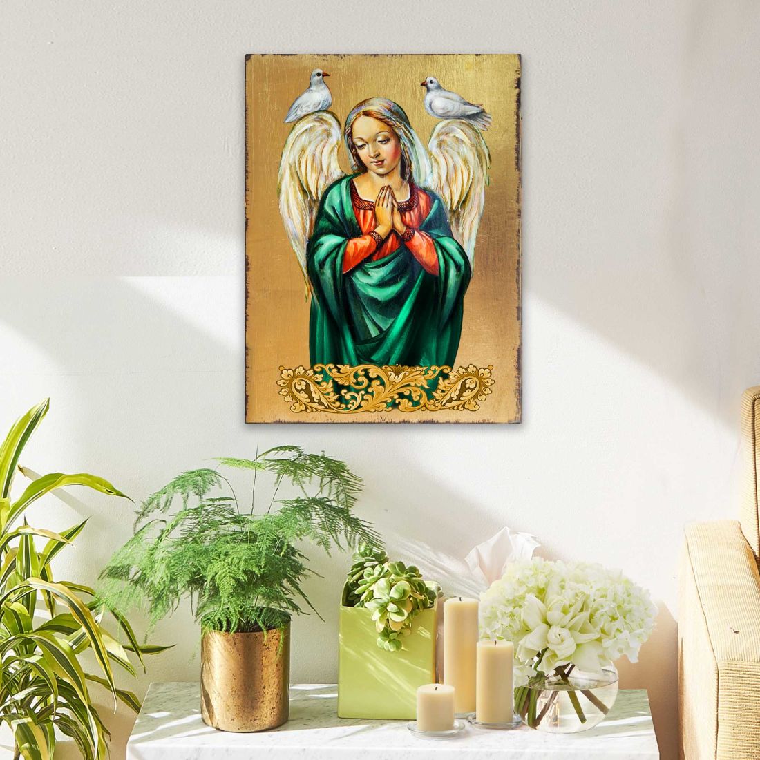Ángel rezando de madera chapado en oro, icono religioso cristiano sagrado - Decoración inspiradora - 85026