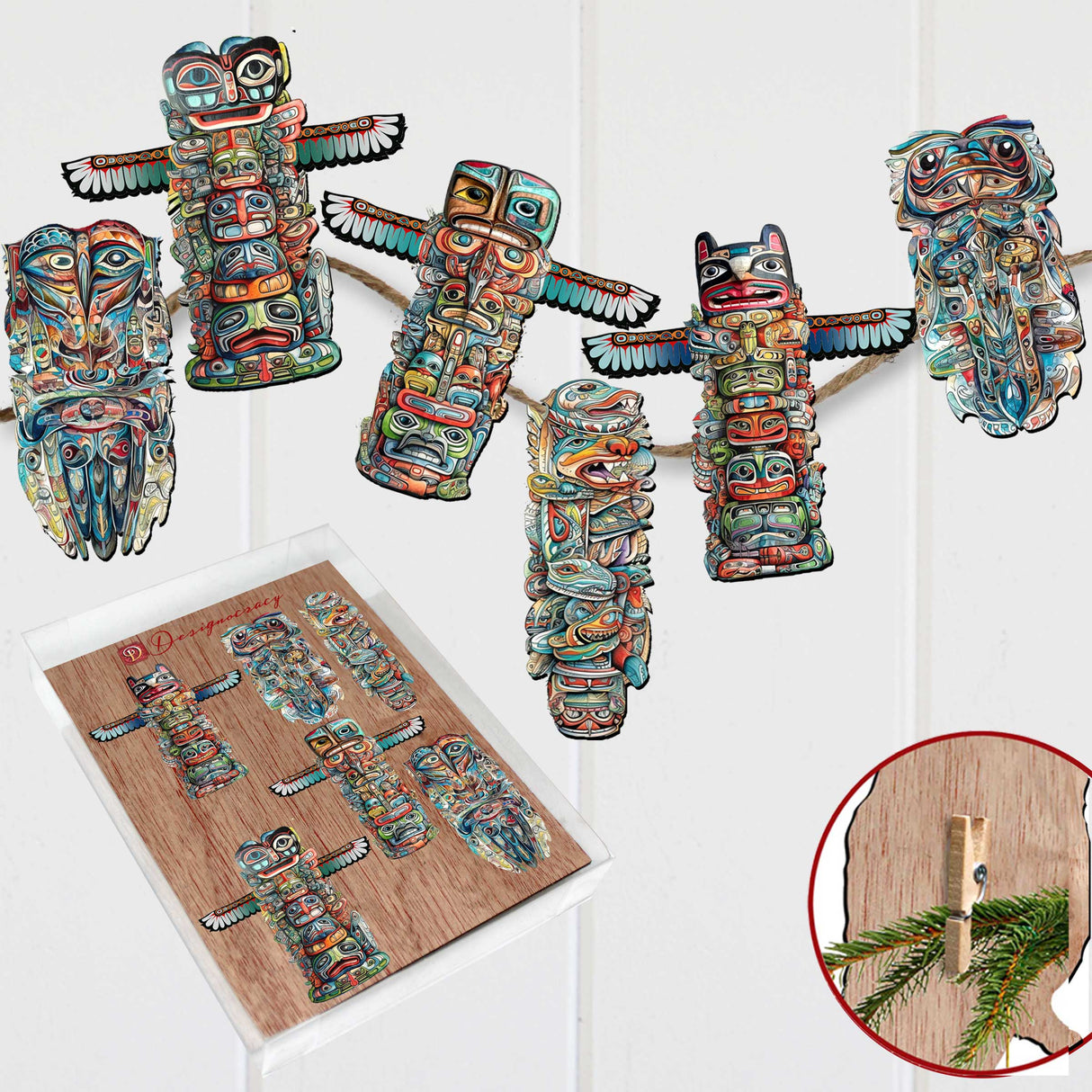Spirit of the Totem Decorative Wooden Clip-on Ornaments Set of 6 by G. Debrekht - Wildlife Decor - 8090117C-S6