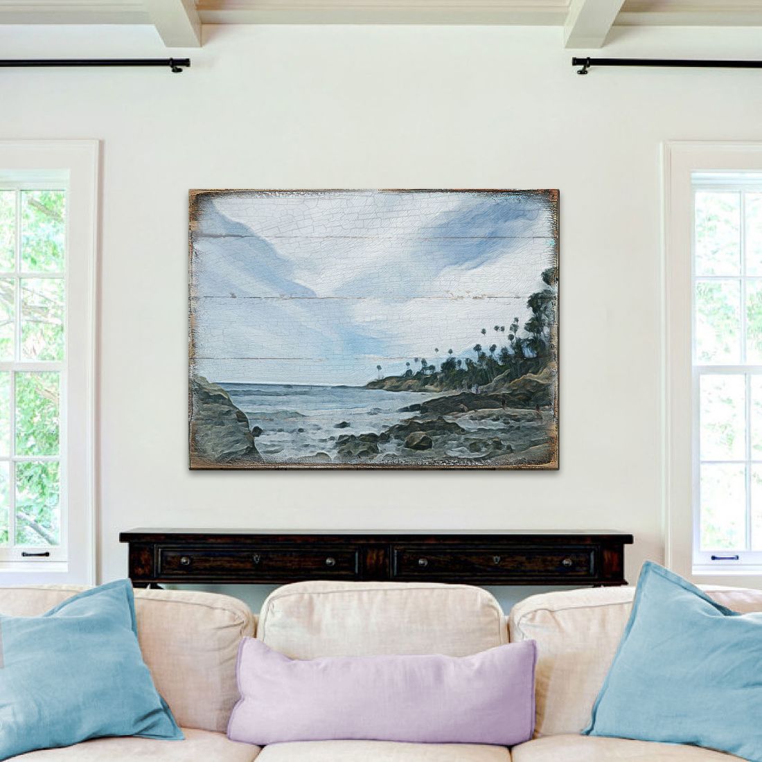 Arte mural costero de madera con diseño de surfista de Nature Wonders - Decoración costera con vida marina - 84578B