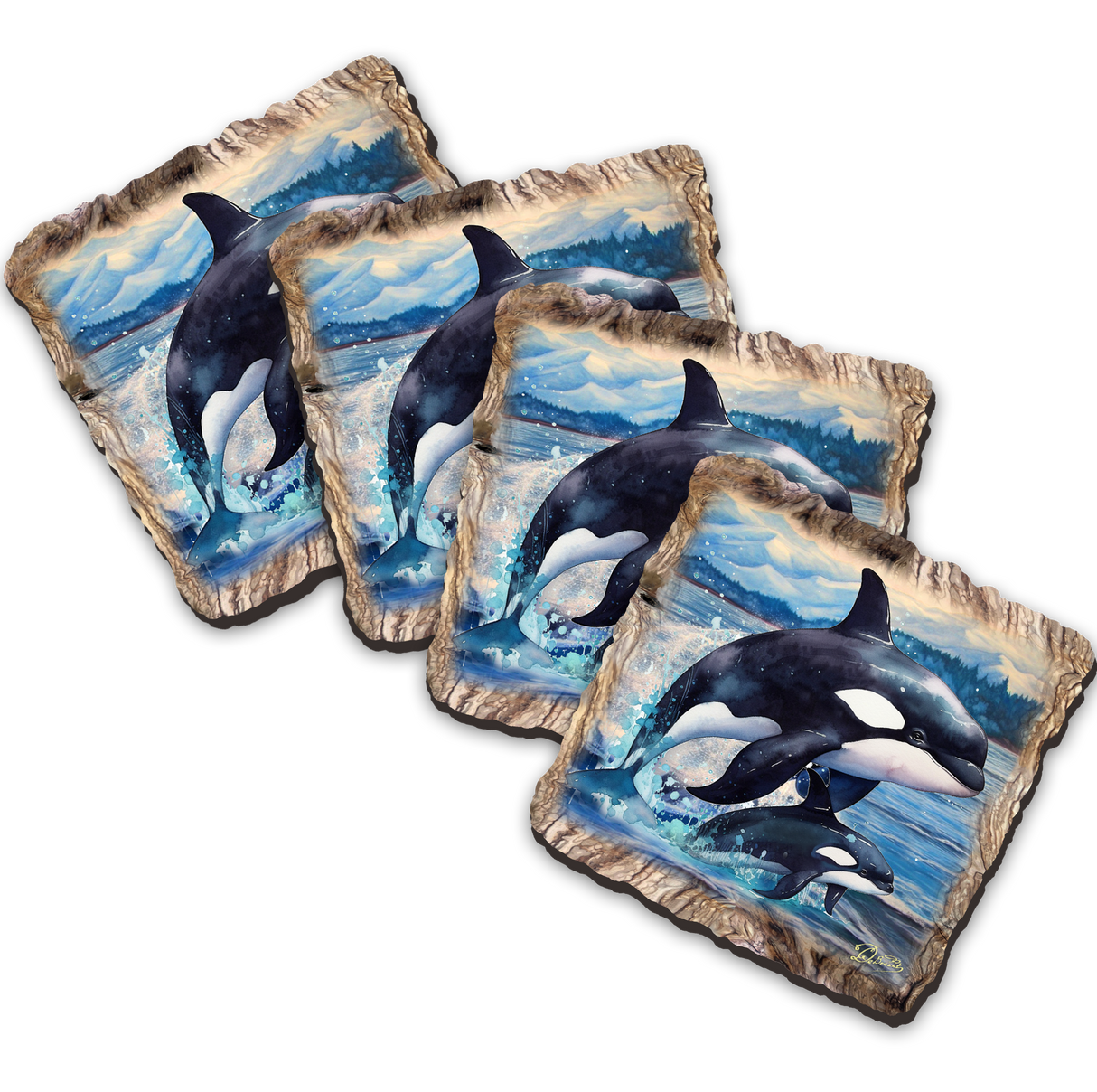 Orca Wooden Cork Coasters Gift Set of 4 by Nature Wonders Coastal Nature Wildlife Decor - 95396C-S4