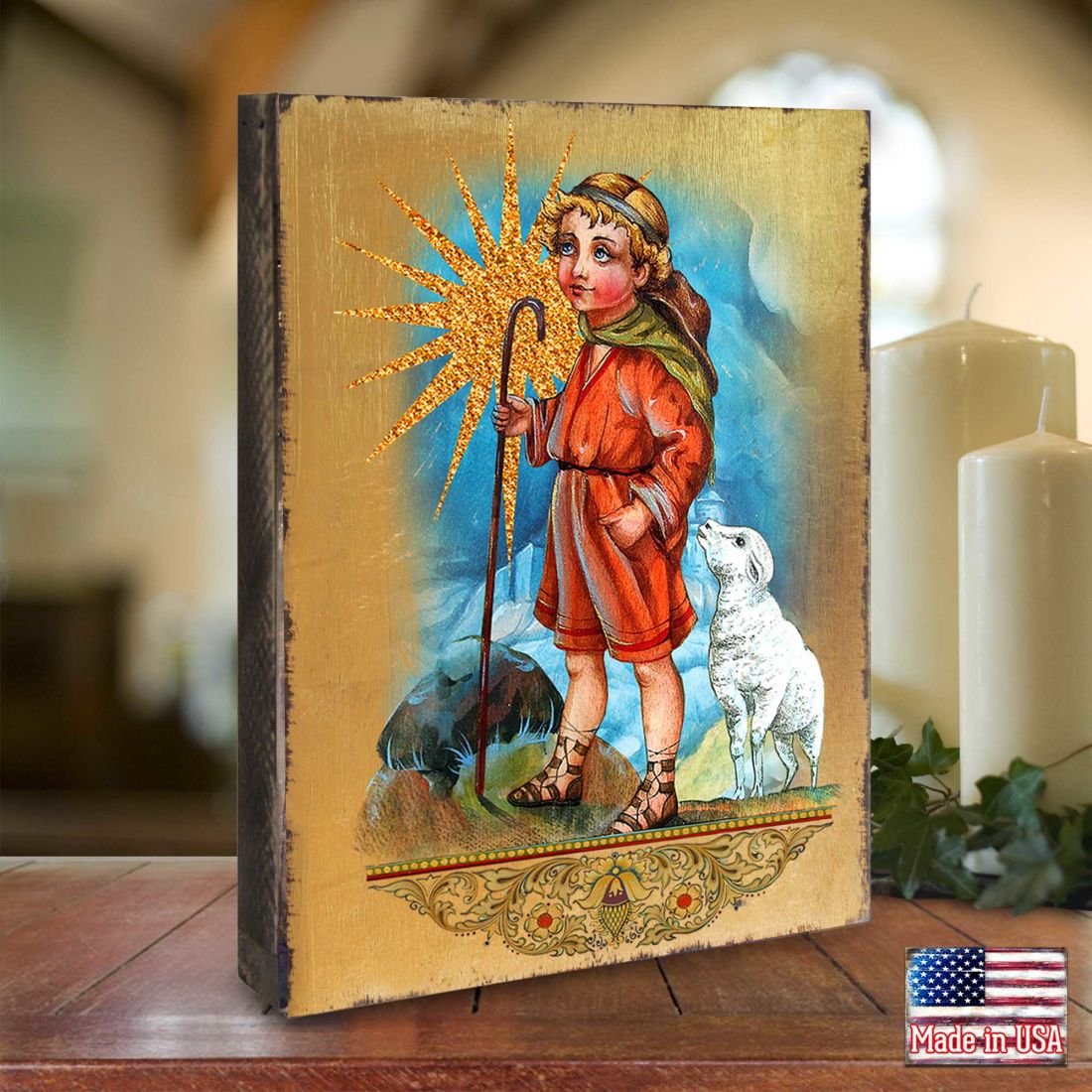 Icono religioso cristiano sagrado de madera de pastor bañado en oro - Decoración inspiradora - 85045