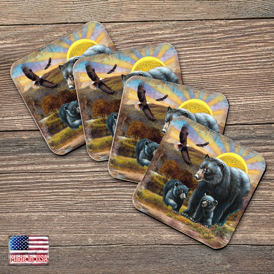 Bears Wooden Cork Coasters Gift Set of 4 by Nature Wonders - Nature Wildlife Decor - 95214C-S4
