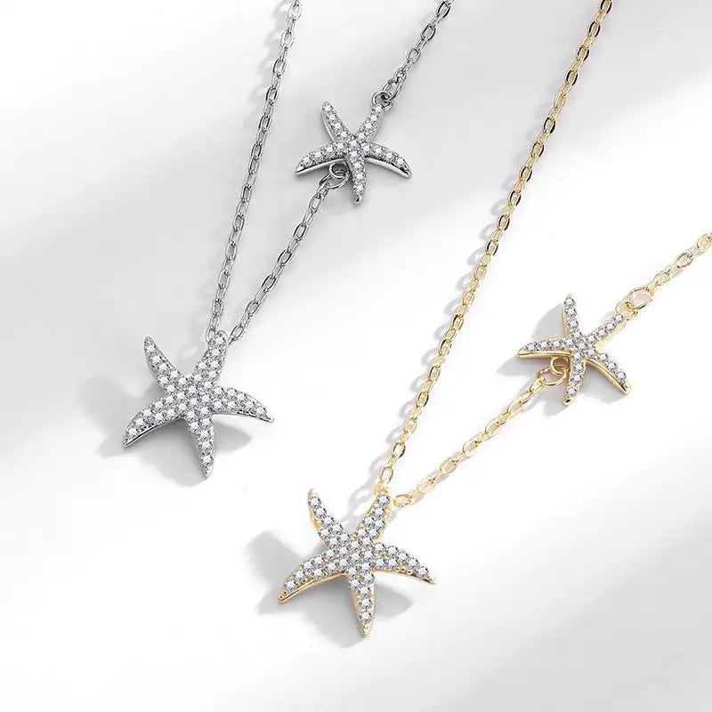 Double Starfish Full Diamond Necklace Female Fashion Special-interest - Lootquake