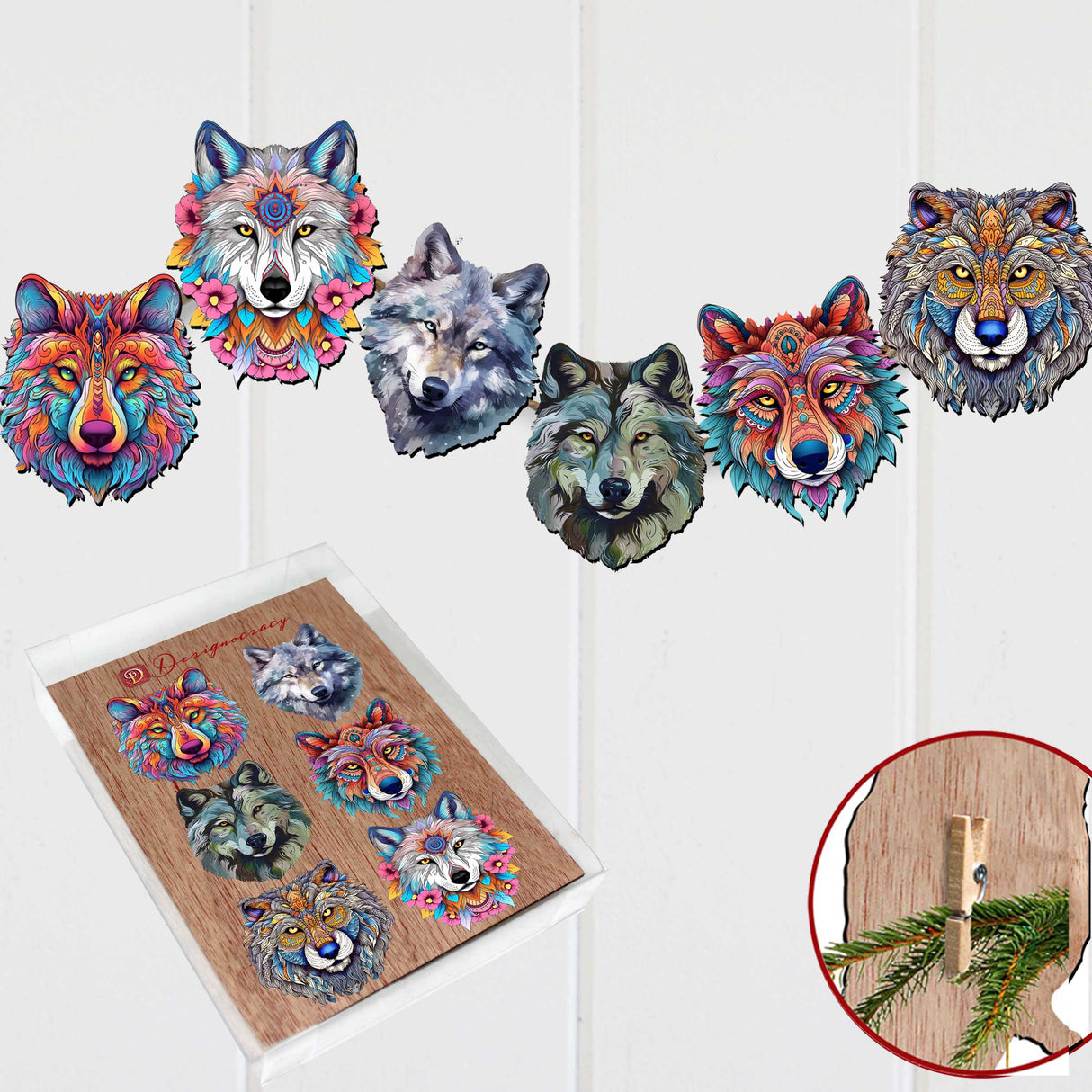 Enigmatic Wolves Decorative Wooden Clip-on Ornaments Set of 6 by G. Debrekht - Wildlife Decor - 8090113C-S6