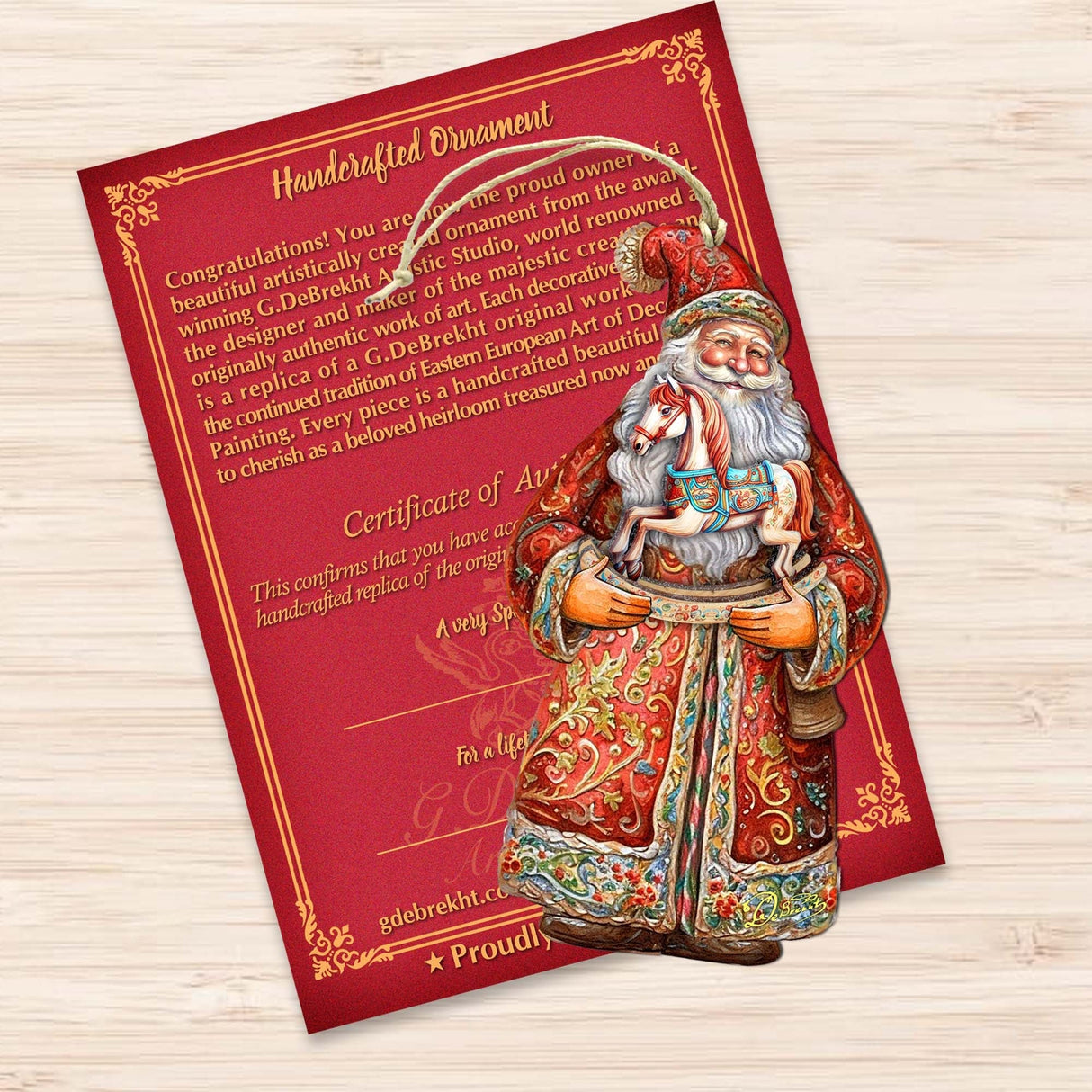 Adornos de madera con el nostálgico caballo mecedor de Papá Noel de G. Debrekht - Decoración navideña con muñeco de nieve de Papá Noel - 8691414