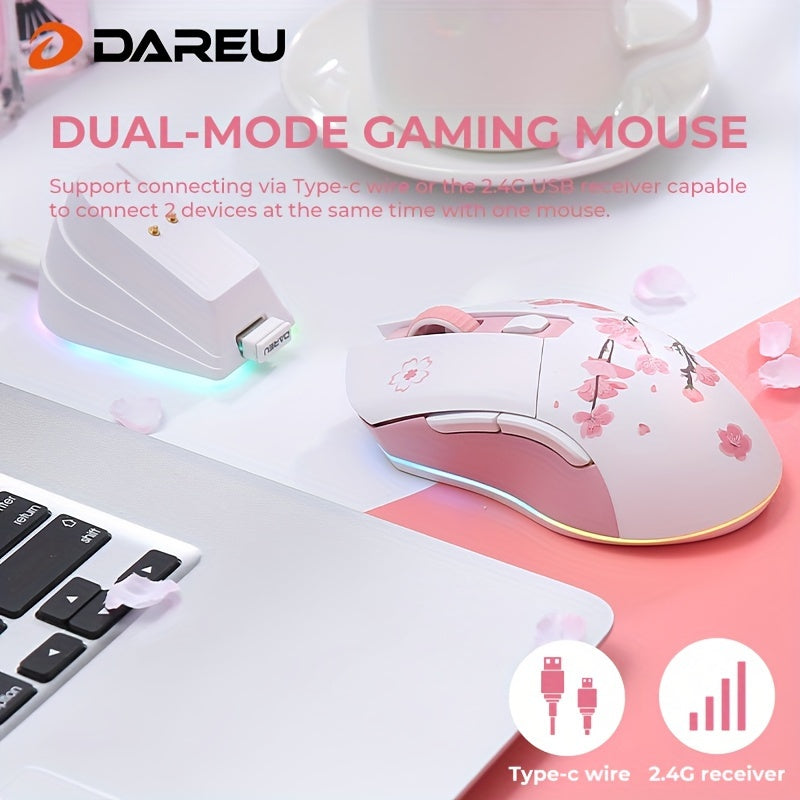 DAREU Sakura Pink Wireless Gaming Mouse - 12K DPI, RGB Rechargeable, 7 Programmable Buttons, Charging Dock Stand, Dual Mode for PC/Laptop/Mac - The Perfect Gift for Birthdays, Valentines, Halloween, Easter, and Girlfriends