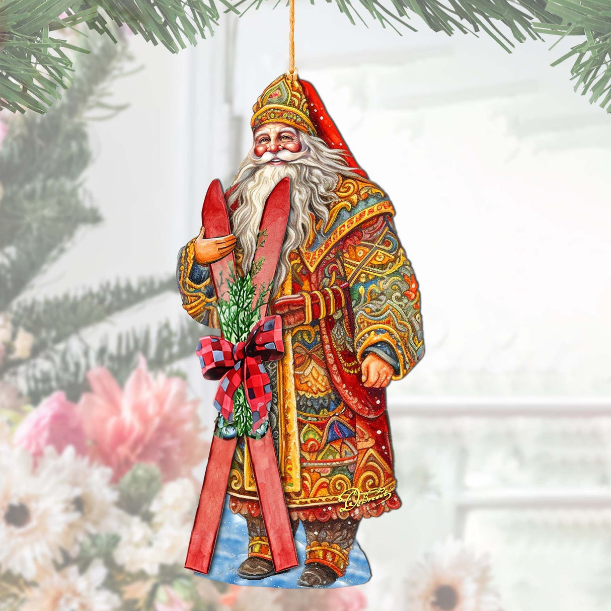 Adornos de madera "Aventura de esquí de Papá Noel" de G. Debrekht - Decoración navideña de muñeco de nieve de Papá Noel - 8691403