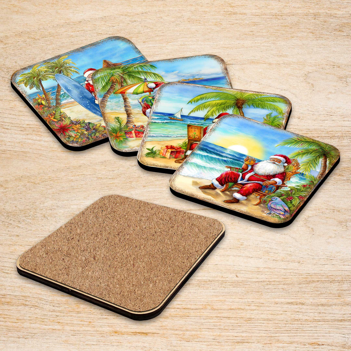 Juego de 4 posavasos de corcho de madera "Santa en la playa" de G. Debrekht - Decoración navideña de Santa - 8199441C-S4