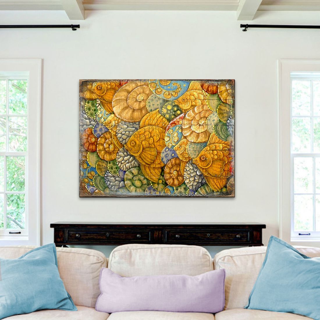 Arte mural costero de madera con diseño de pez Sonnenberg de G. DeBrekht - Decoración costera con temática marina - 95018B