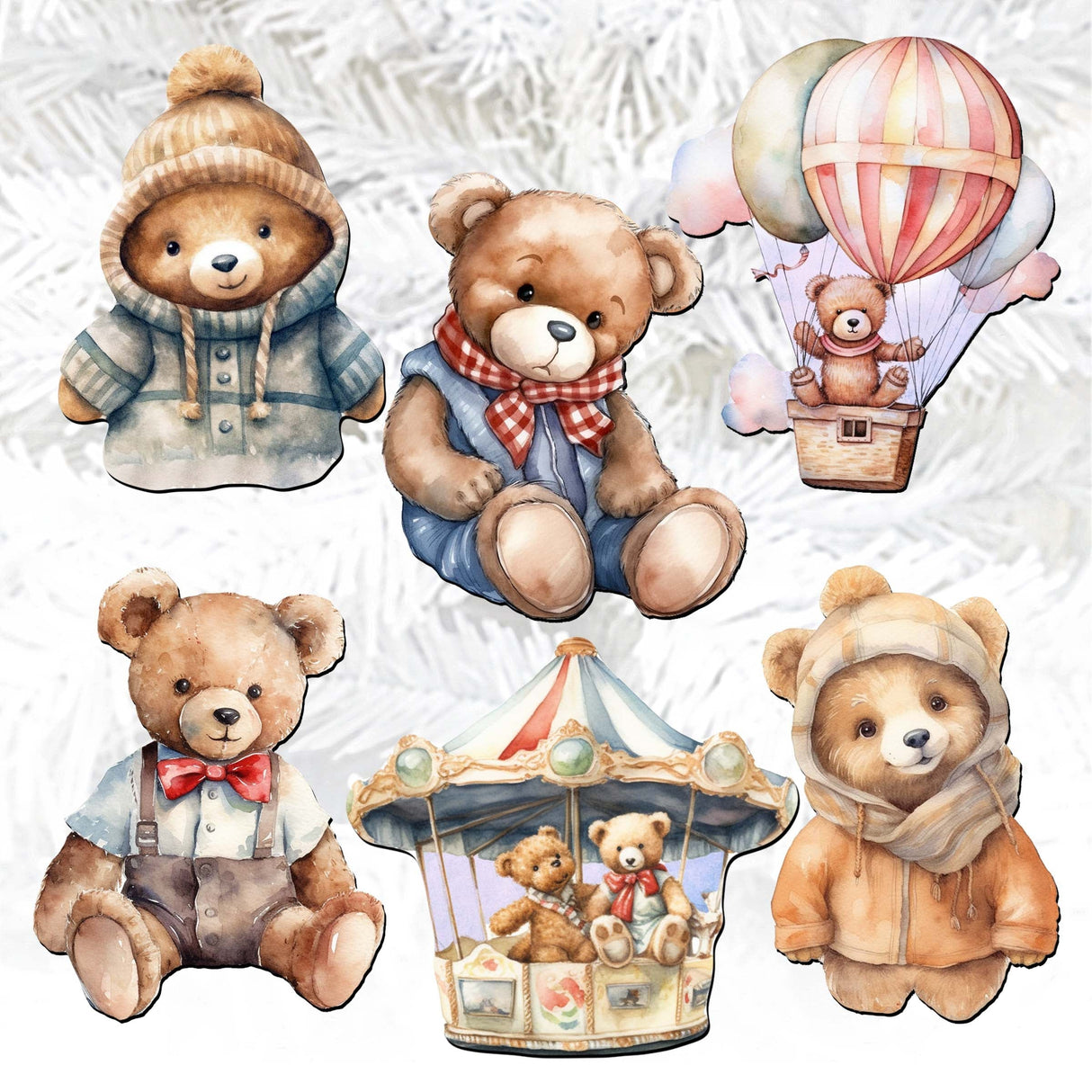Teddy Bear Decorative Wooden Clip-on Ornaments Set of 6 by G. Debrekht - Christmas Decor - 8090025C-S6