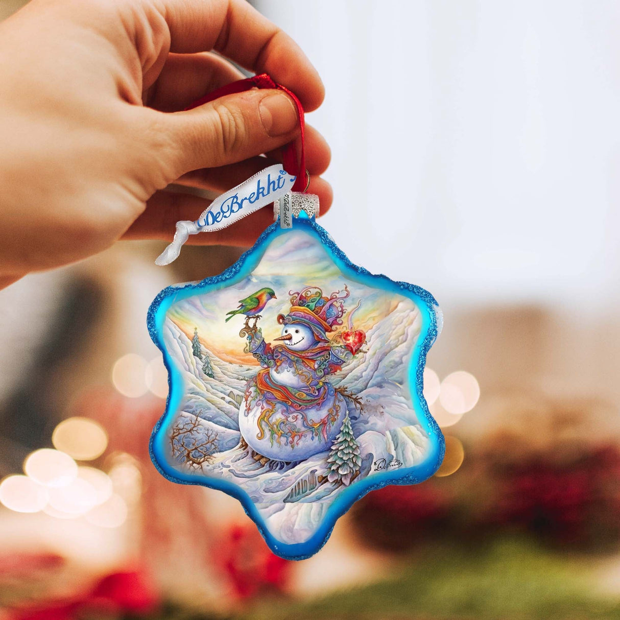Festive Frosty Friend Snowflake Glass Ornament by G. Debrekht - Christmas Santa Snowman Decor - 754-045