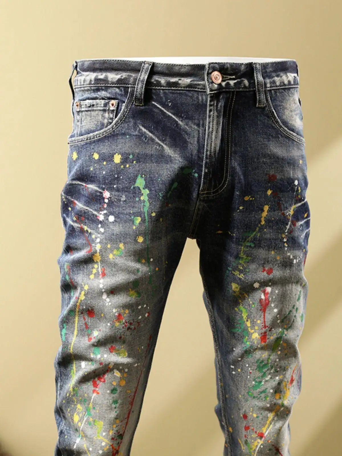 Personalized Fashion Jeans Men's Casual Slim Fit Skinny Retro Splash-ink Paint Trousers - Lootquake
