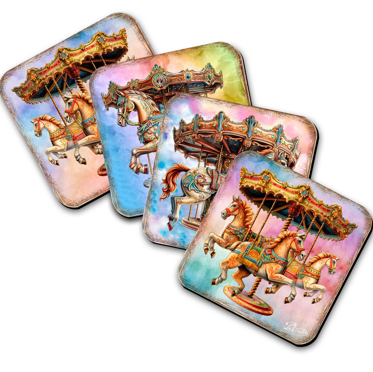 Carousel Horses Wooden Cork Coasters Gift Set of 4 by G. Debrekht - Christmas Decor - 8199439C-S4