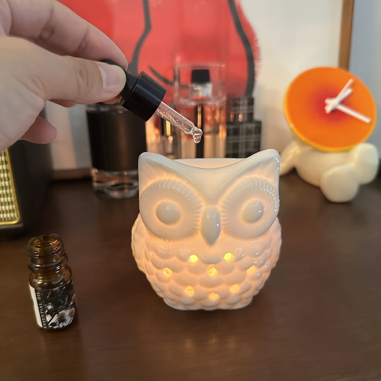 1 Owl Aromatherapy Burner, (With Candle Holder) (Candles And Aromatherapy Oils Not Included) Creative Aromatherapy Burner, Essential Oil Lamp Burner, Scented Candle Burner, Halloween, Christmas, Thanksgiving Tabletop Decorati