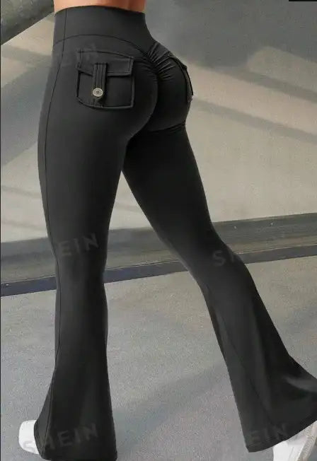 Yoga Fitness Flared Pants With Pockets Ins Fashion Slim High Waist Sports Trousers Scrunch Butt Booty Workout Lifting Leggings - Lootquake