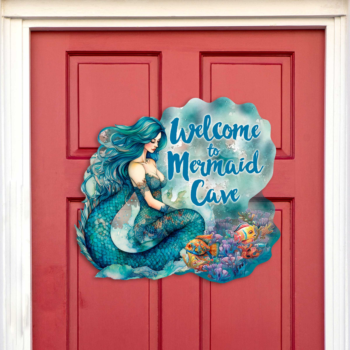Bienvenido a Mermaid Cave - Letrero de bienvenida para puerta de entrada Pancarta de entrada principal Letrero de bienvenida - Decoración de porche delantero de madera - 933112H