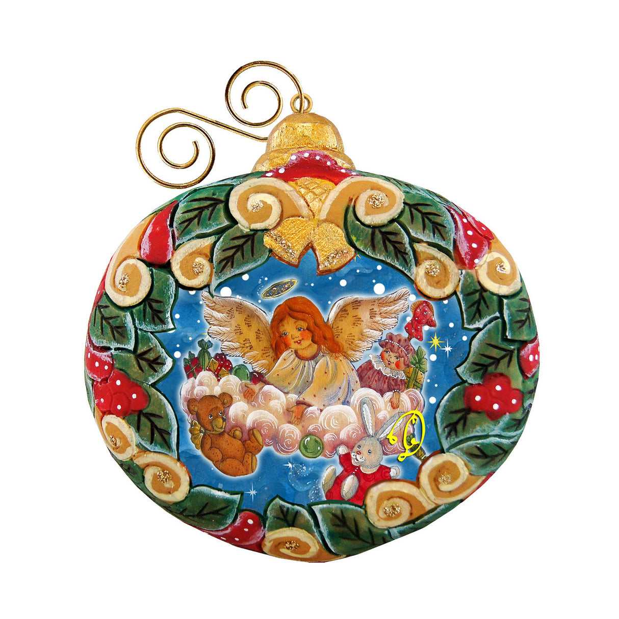 Corona de ángel de regalo, adorno navideño esculpido y pintado a mano por G. DeBrekht - Decoración navideña para la Natividad - 610314