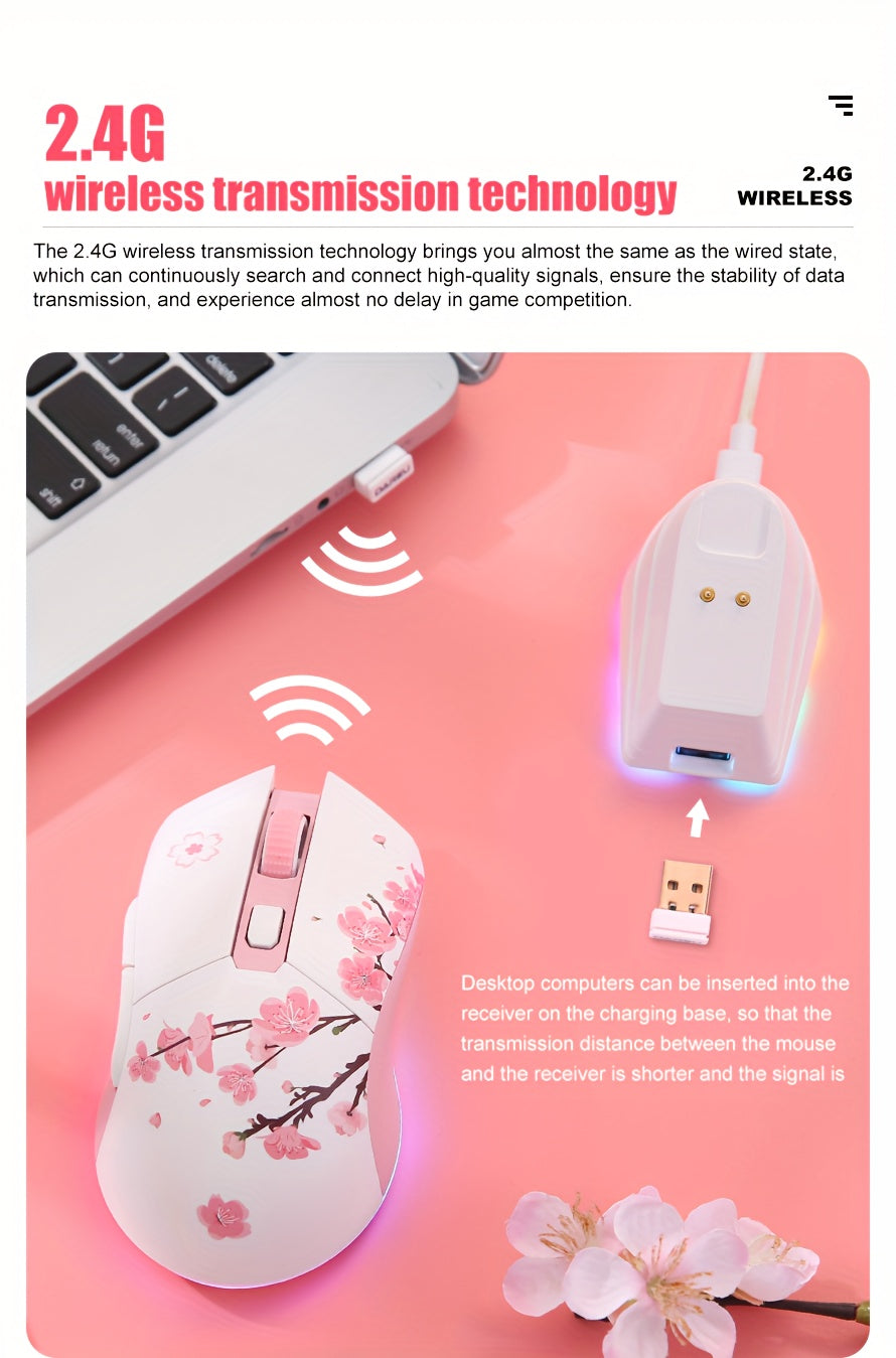 DAREU Sakura Pink Wireless Gaming Mouse - 12K DPI, RGB Rechargeable, 7 Programmable Buttons, Charging Dock Stand, Dual Mode for PC/Laptop/Mac - The Perfect Gift for Birthdays, Valentines, Halloween, Easter, and Girlfriends