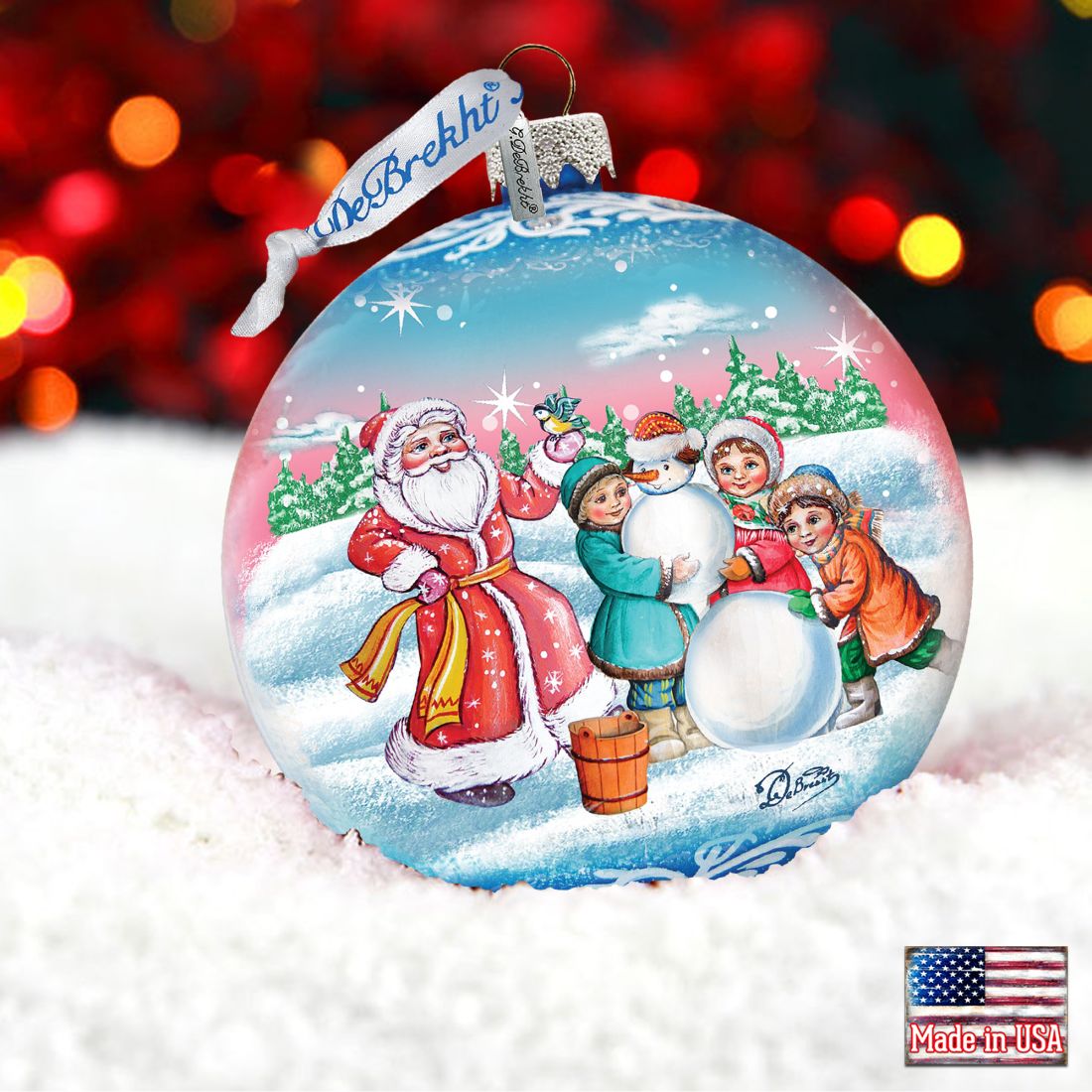 Christmas Village Ball Glass Ornament by G. DeBrekht - Christmas Santa Snowman Decor - 73320