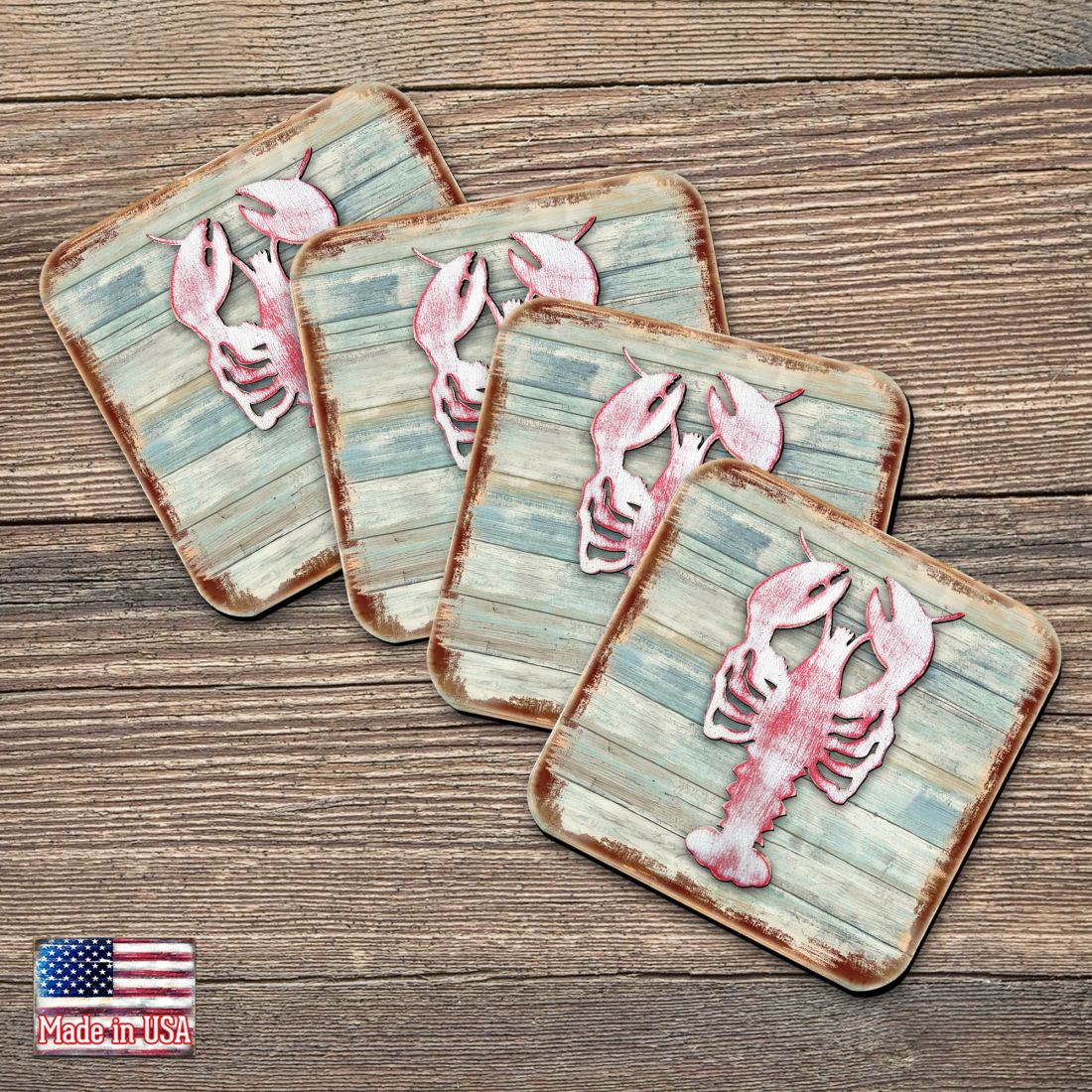 Lobster Coastal Wooden Cork Coasters Gift Set of 4 by Nature Wonders - Coastal Sea-Life Decor - 8198538-9C-S4