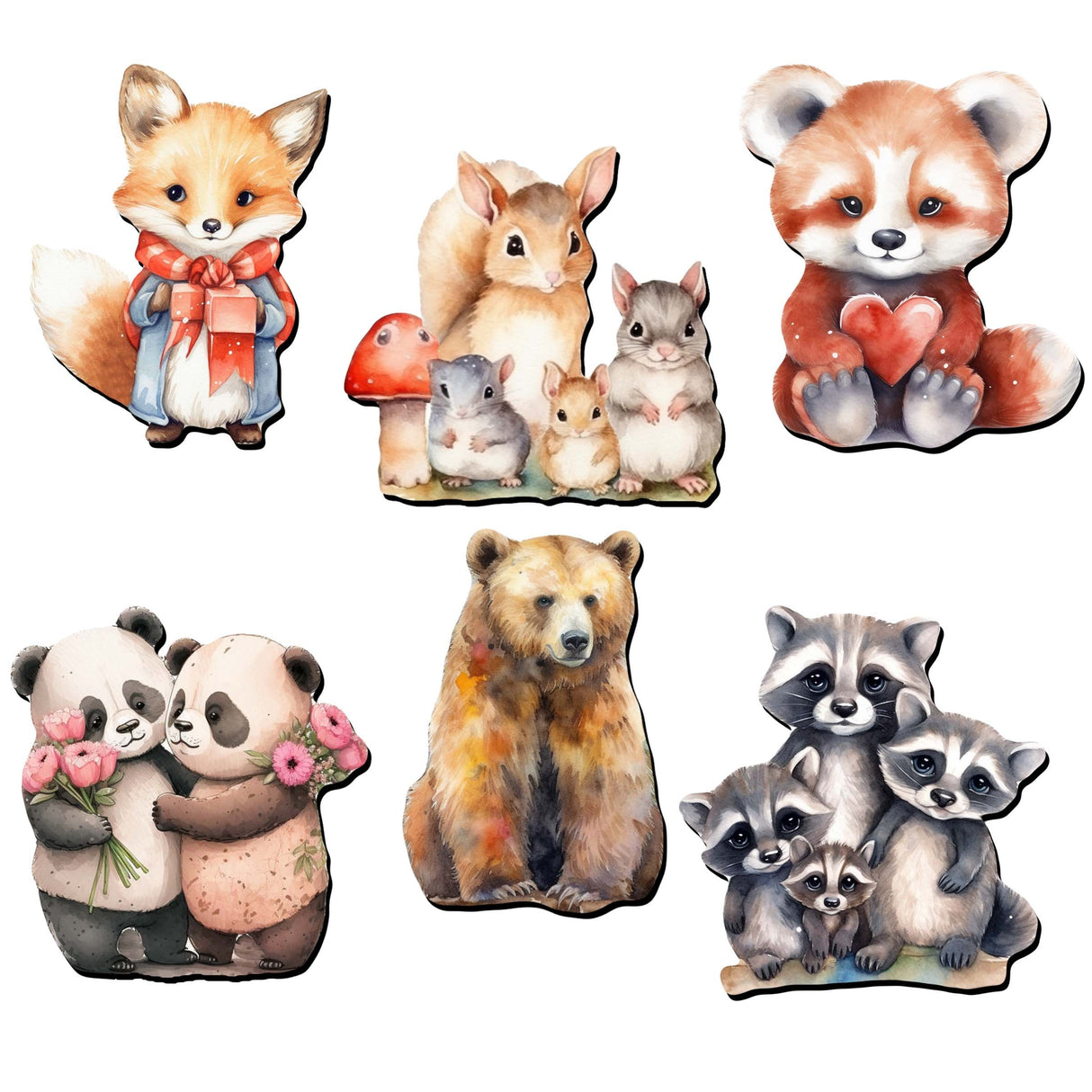 Juego de 6 imanes decorativos de madera con animales del bosque de G. Debrekht - Decoración de vida silvestre - 8090021G-S6