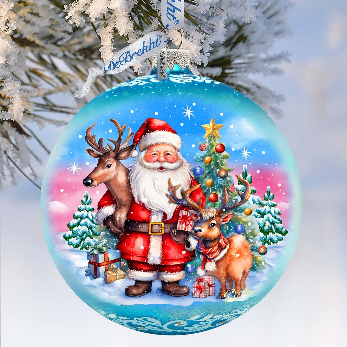 Adorno de cristal grande "Mejores amigos de Santa Claus" de G.Debrekht - Decoración navideña de muñeco de nieve de Santa Claus - 73947