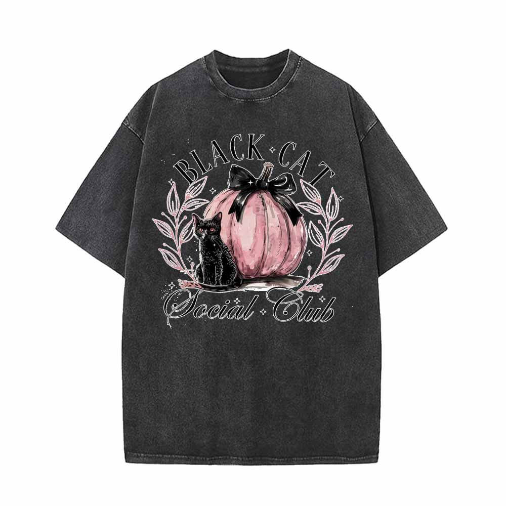 Camiseta vintage lavada del Club Calabaza Rosa Gato Negro