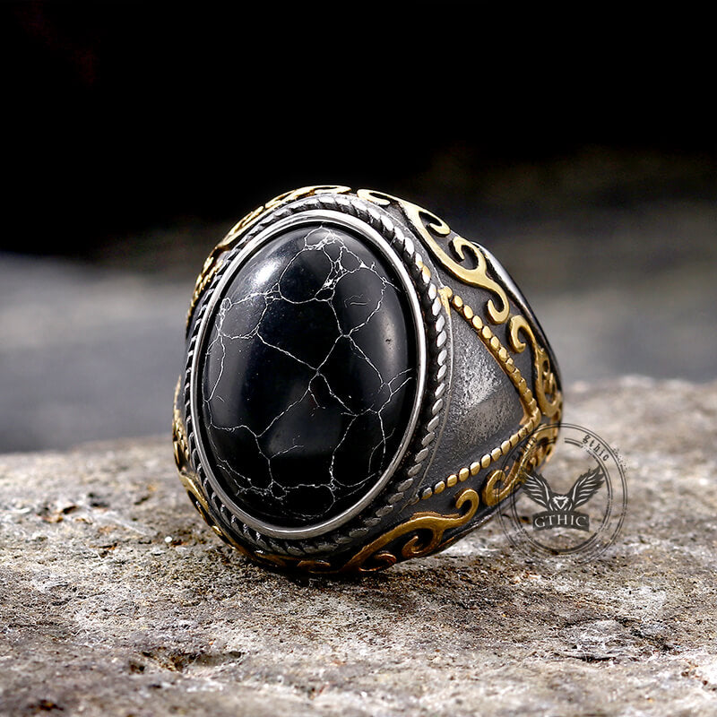 Black Crack Turquoise Patterned Stainless Steel Ring