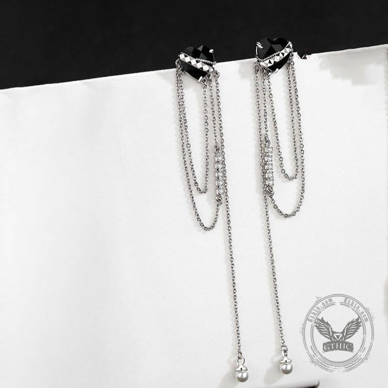 Black Heart-shaped Zircon Tassel Alloy Earrings