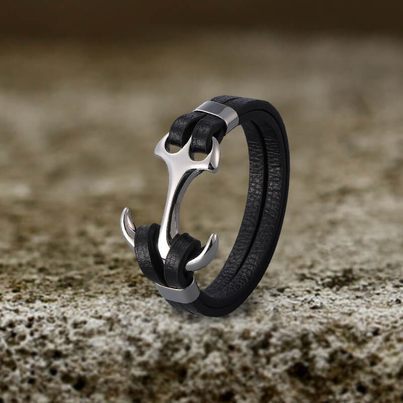 Pulsera de acero inoxidable con ancla de cuero negro