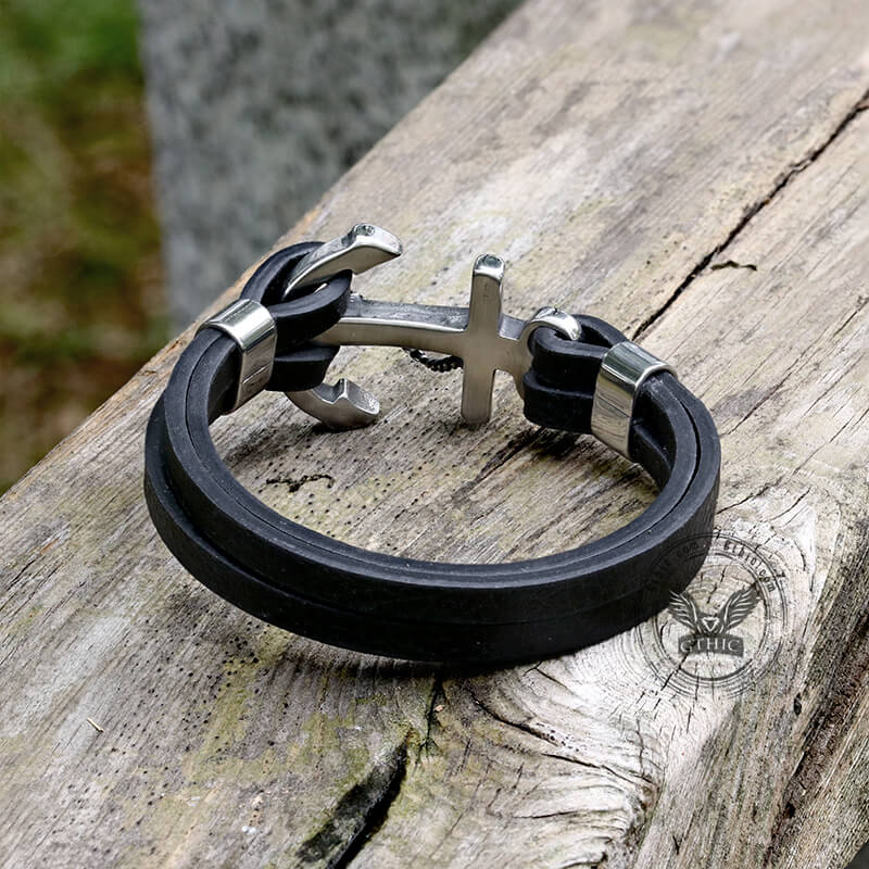 Pulsera de acero inoxidable con ancla de cuero negro