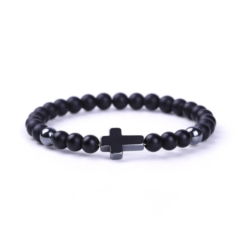 Pulsera de cuentas de piedra natural con cruz magnética negra