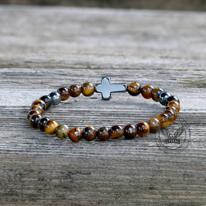 Pulsera de cuentas de piedra natural con cruz magnética negra