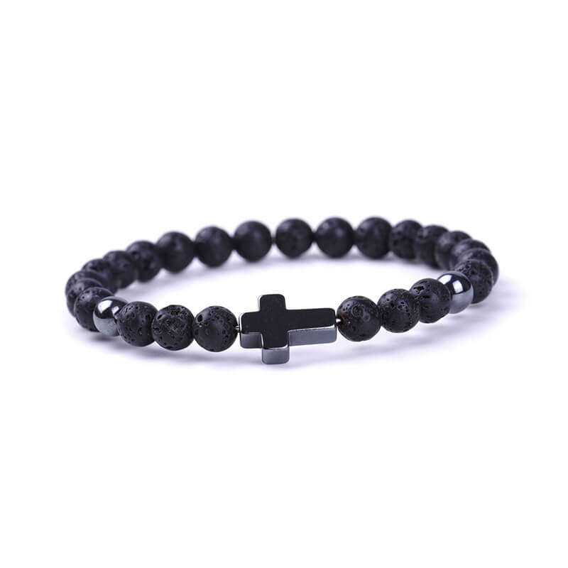 Pulsera de cuentas de piedra natural con cruz magnética negra