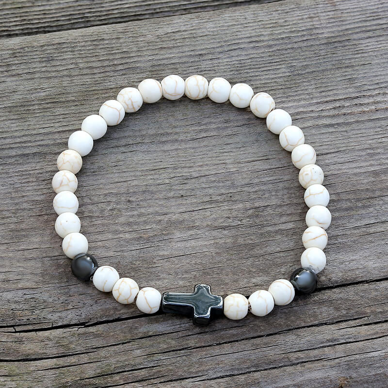 Pulsera de cuentas de piedra natural con cruz magnética negra