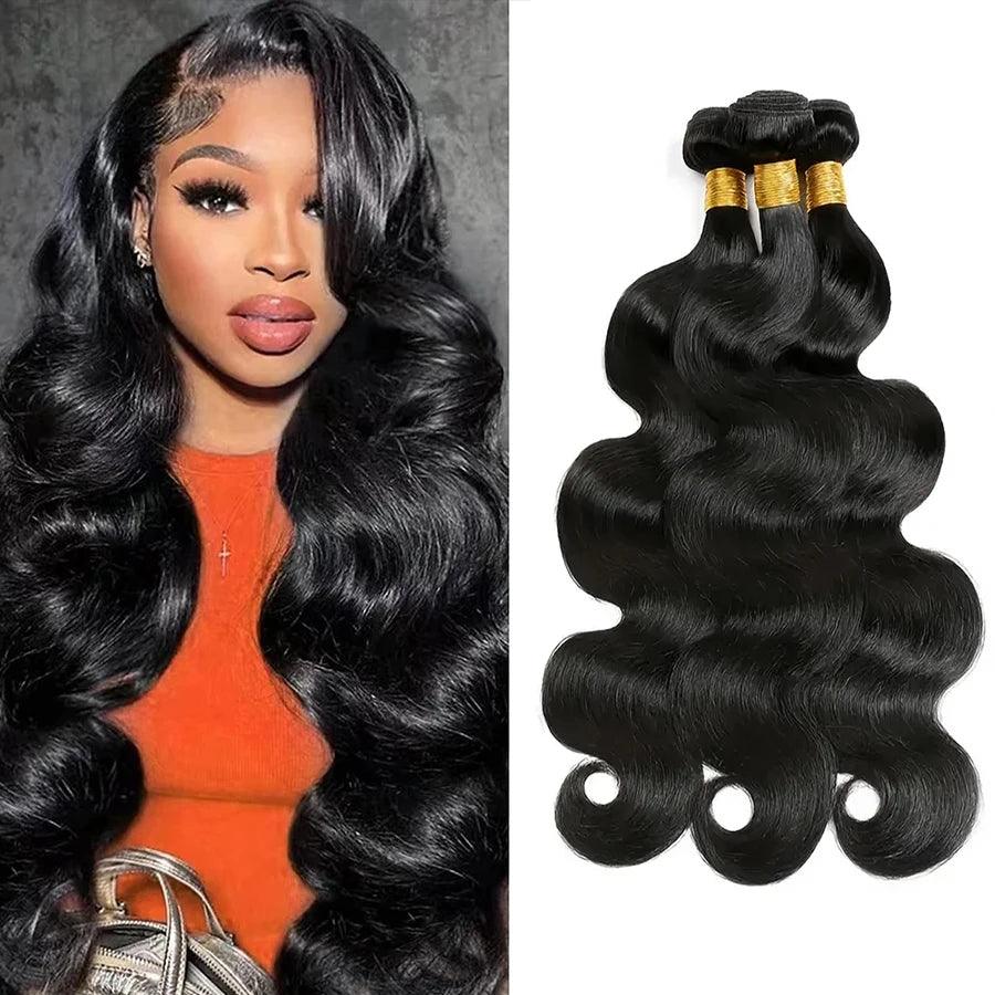 Brazilian Body Wave Hair Bundles - 100% Natural Black Human Hair Extensions, 3 PCS for Effortless Glam