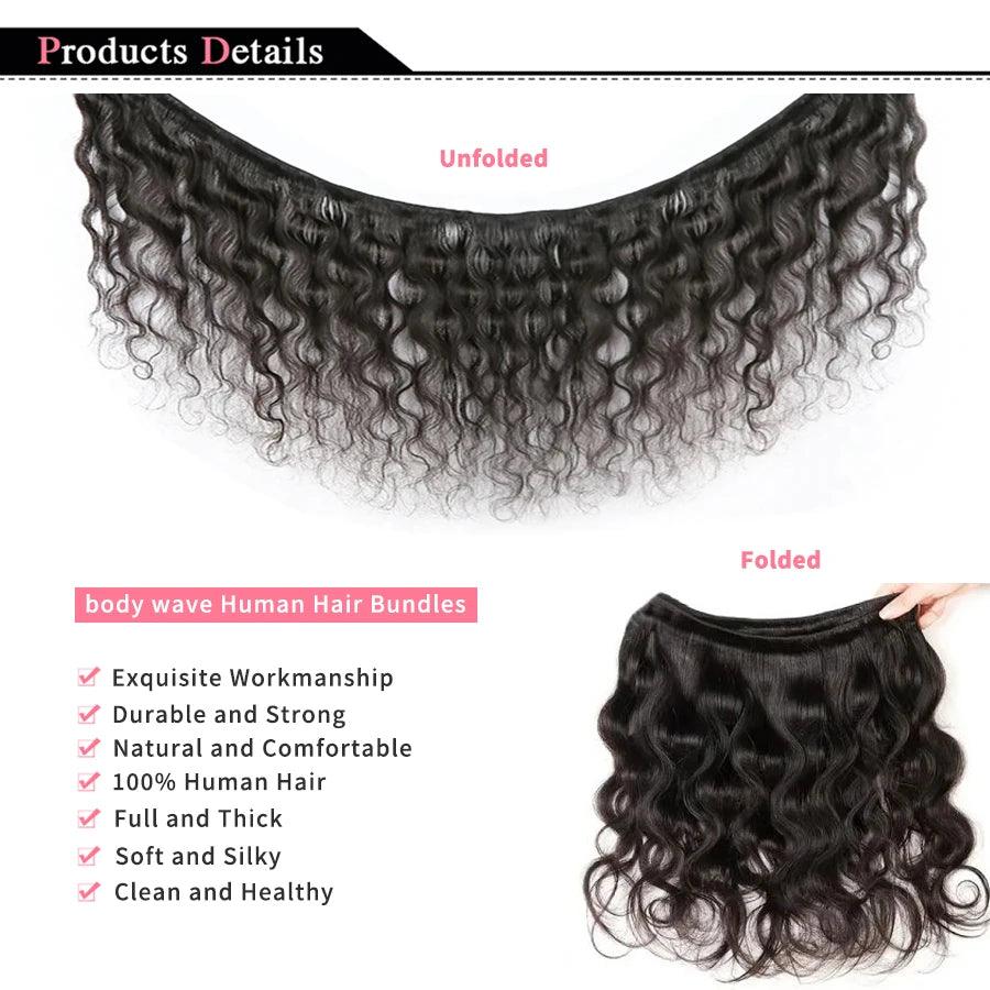 Brazilian Body Wave Hair Bundles - 100% Natural Black Human Hair Extensions, 3 PCS for Effortless Glam