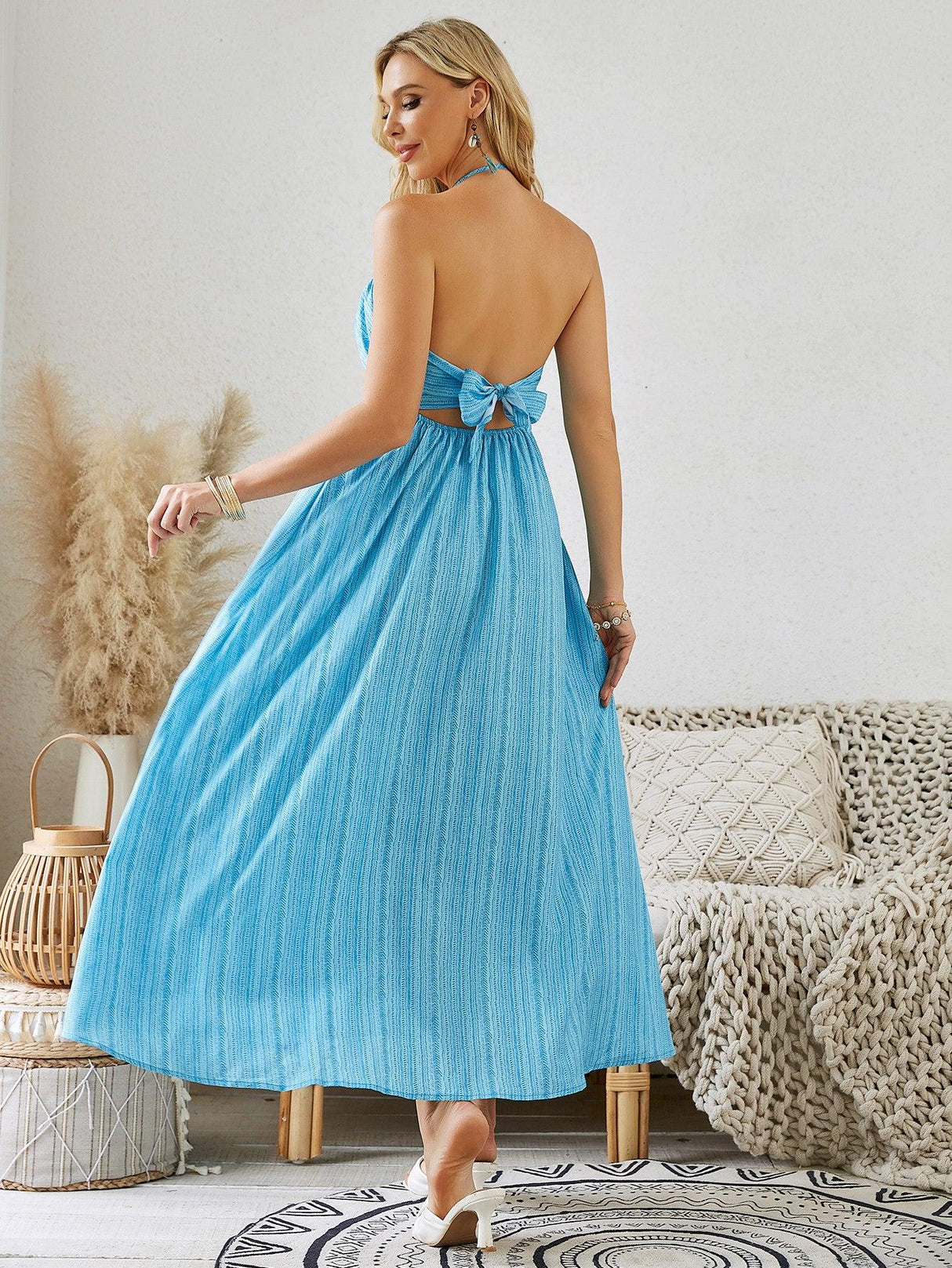 Bohemian Halter Maxi Dress - Women's Summer Sleeveless Flowy Beach Dress