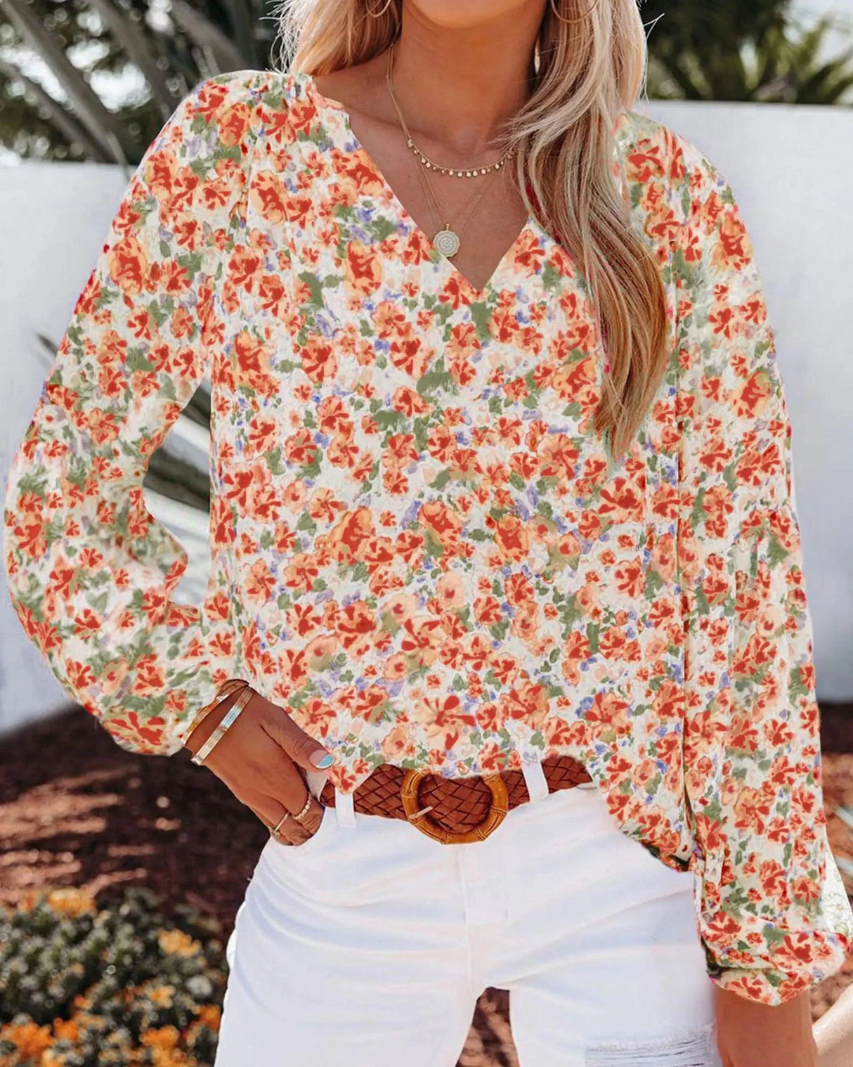 BTFBM Floral V-Neck Blouse - Boho Chic Design in Vibrant Orange, Size Large