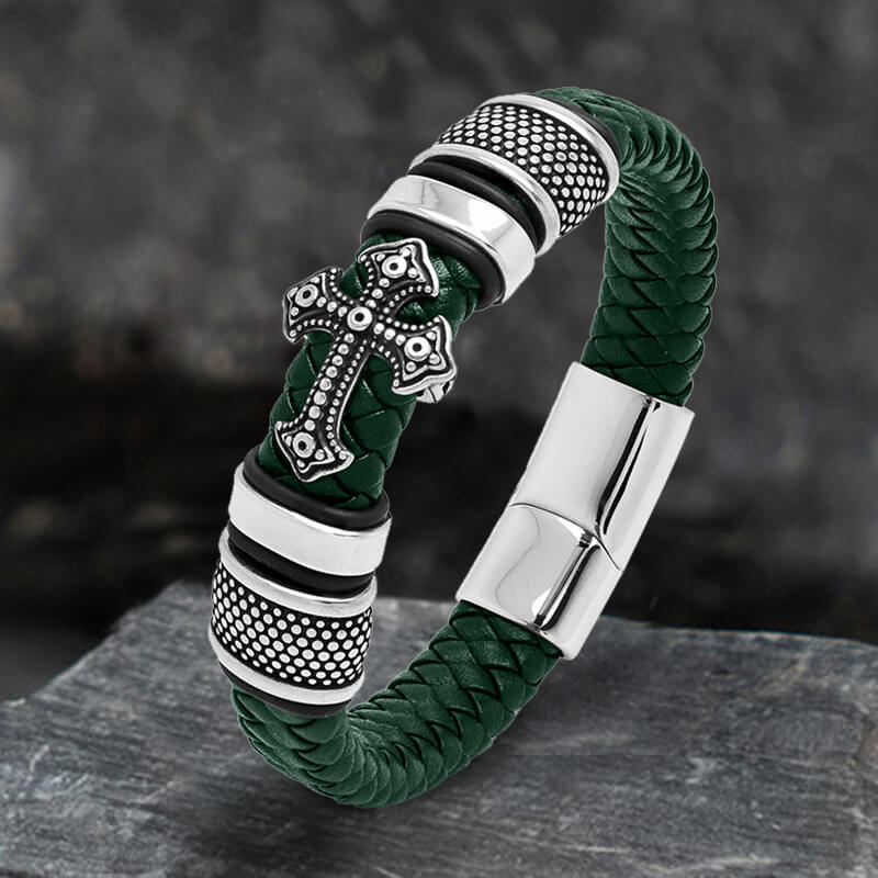 Budded Cross Stainless Steel Braided Leather Bracelet