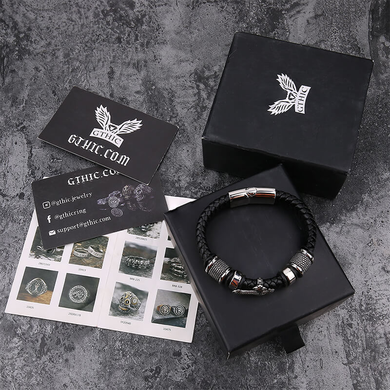 Budded Cross Stainless Steel Braided Leather Bracelet