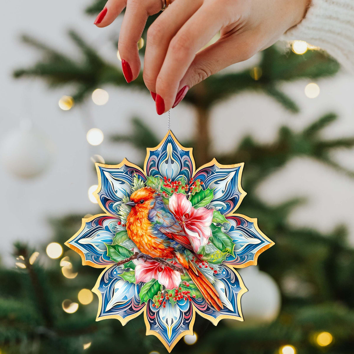 Forest Bird Snowflake Wooden Ornaments by G. Debrekht - Nature Wildlife Decor - 8688412