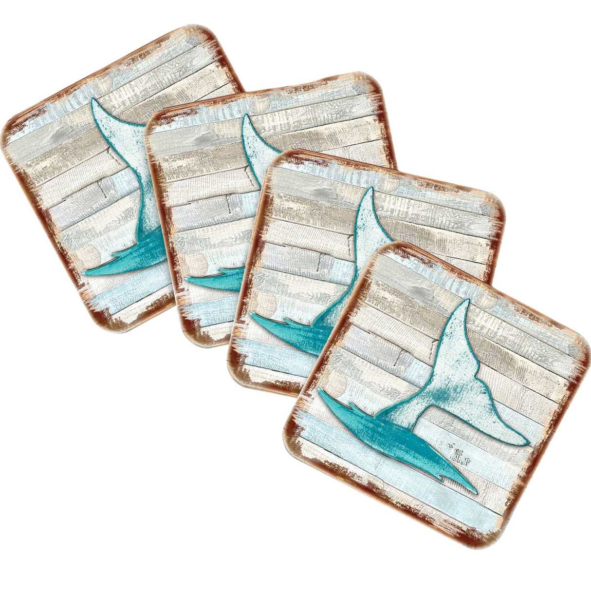 Juego de 4 posavasos de corcho de madera con diseño costero "Whales Tale" de Nature Wonders - Decoración costera con temática marina - 8198535-9C-S4