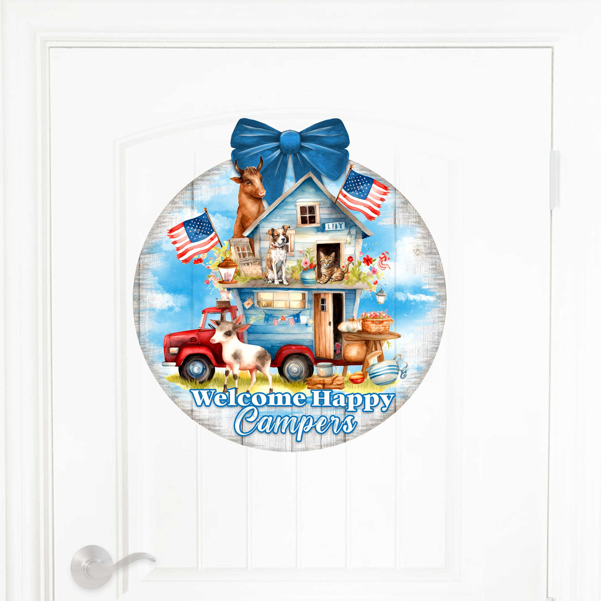 Letrero de bienvenida para campistas felices Letrero de bienvenida para puerta de entrada Pancarta de entrada principal Letrero de bienvenida - Decoración de porche delantero de madera - 933114H