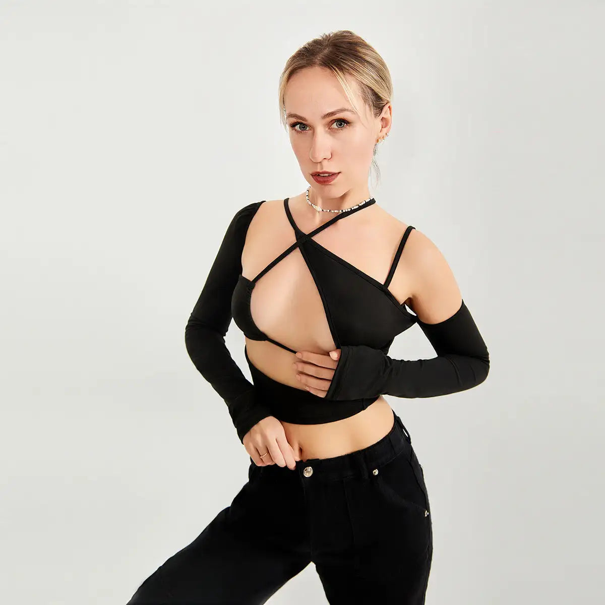 Long Sleeve Top Cut Out Asymmetrical Neck - Lootquake