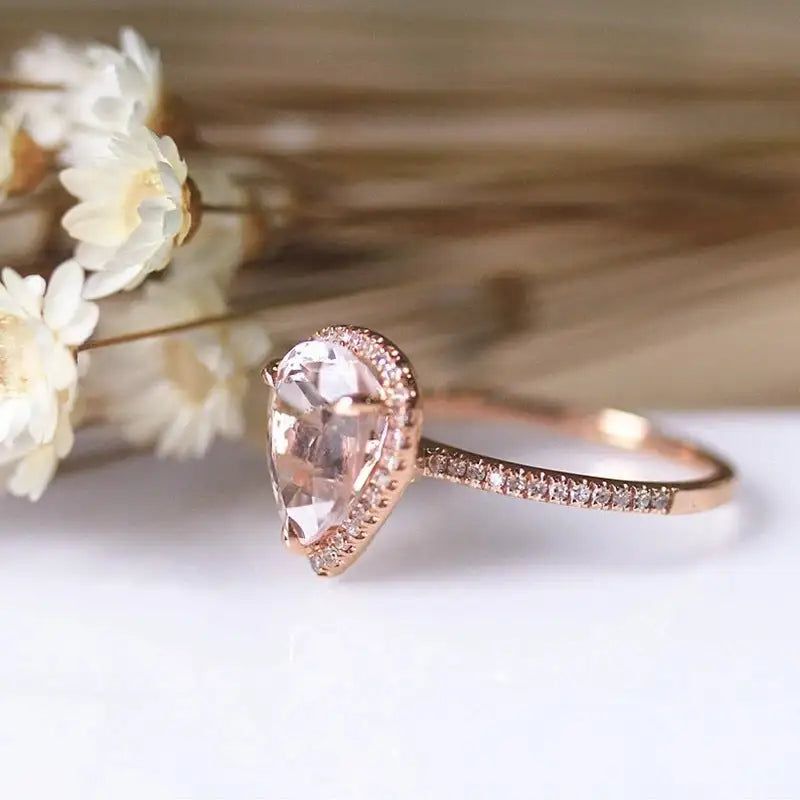 European And American 18K Rose Gold Plated Inlaid Pink Crystal Water Drop Pear-shaped Ring - Lootquake