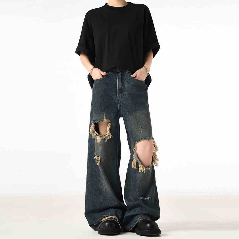 Couple Hole Worn Jeans Wide-leg Pants - Lootquake
