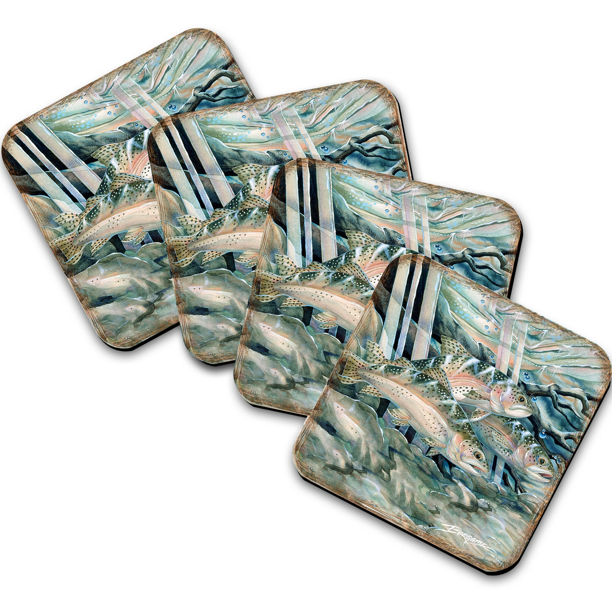 Catch the Rainbow Trout Wooden Cork Coasters Gift Set of 4 by J. Bergsma - Coastal Wildlife Decor - 8199463C-S4